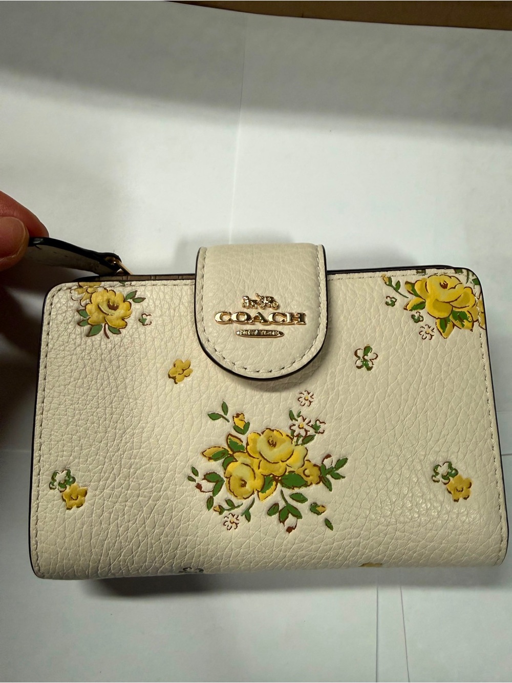 COACH Cream Leather Wallet with Yellow Floral Print